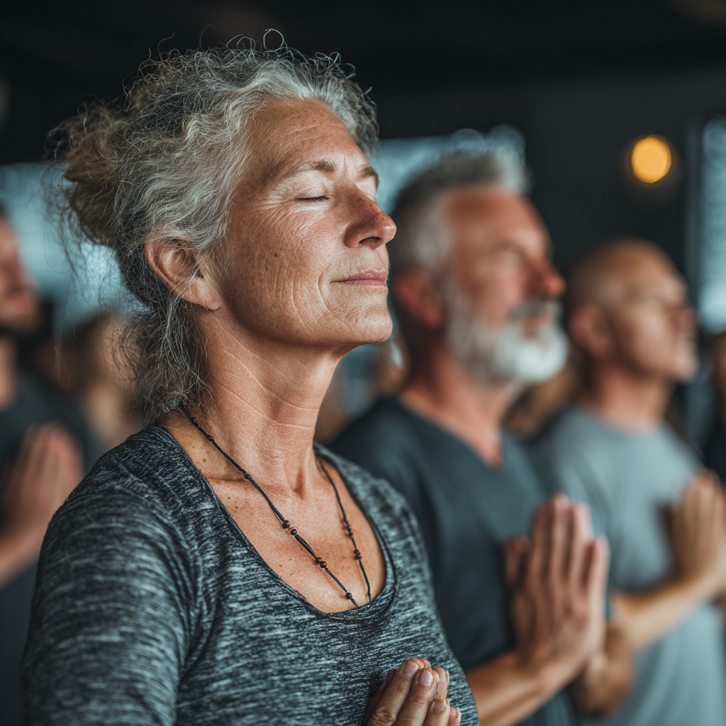 Group of middle-aged people practicing gentle yoga stretches together in a serene studio environment with natural light