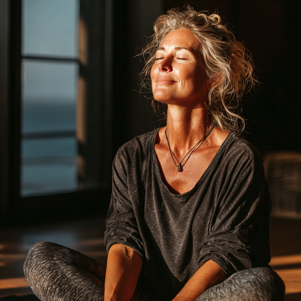 Middle-aged woman in comfortable yoga pose sitting peacefully on a mat in natural lighting, demonstrating mindful breathing and relaxation